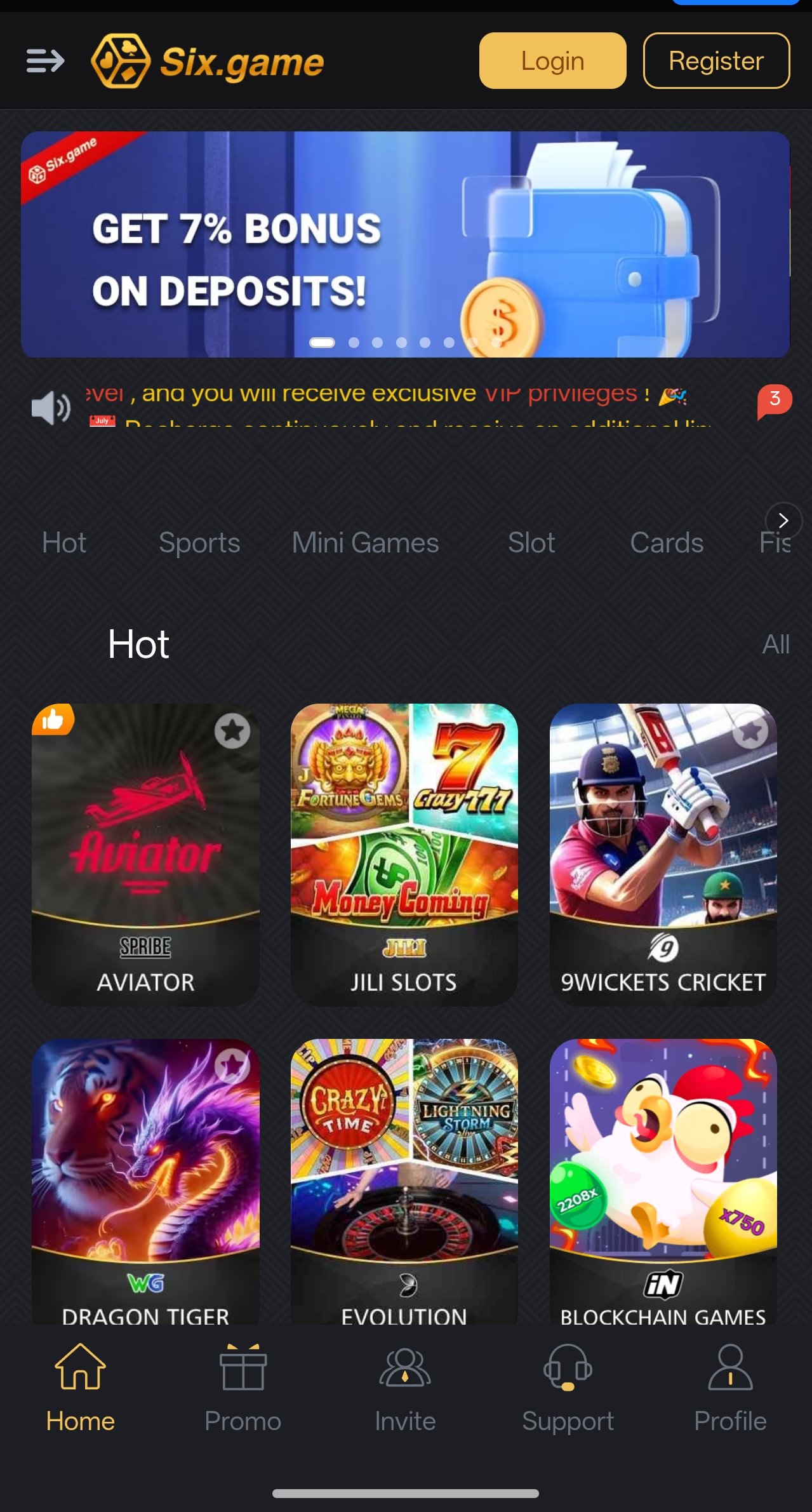 The Six Game app home screen showing slot games, bonuses and the game lobby